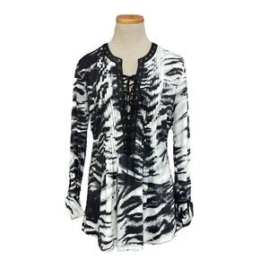 Alberto Makali Top Blouse Long Sleeve Faux Leather Tie Black White Size Small